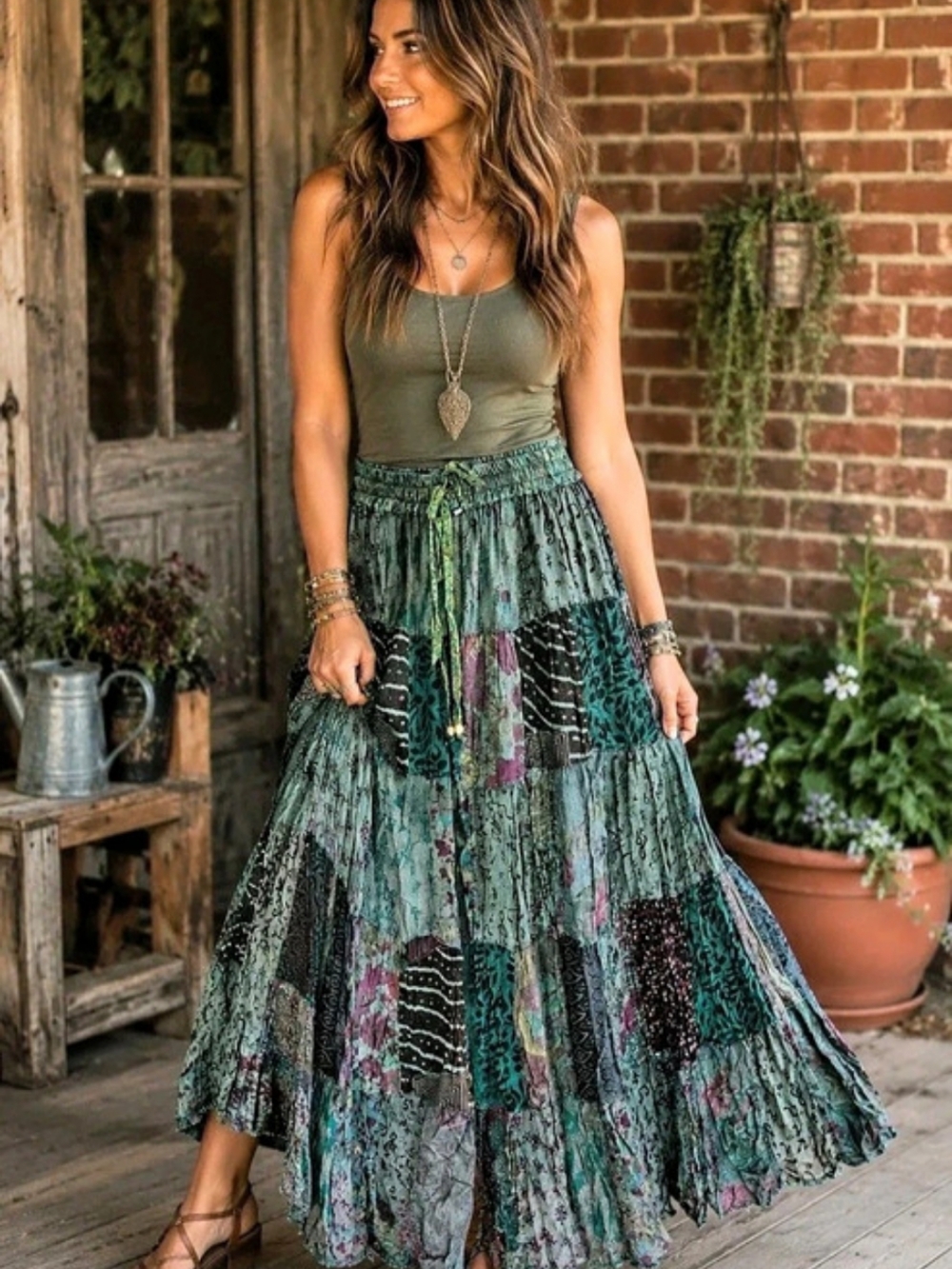 Young Threads Medium Tiered Crinkle Lace Patchwork Skirt Maxi Skirt